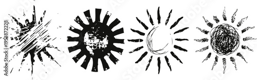 black and white abstract sunburst designs with rough textured rays in circular patterns