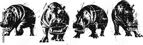 set of rough textured hippos in different walking poses black and white grunge illustration of wild animals