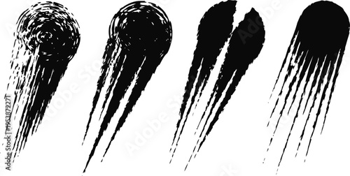 Set of black comet silhouettes with trailing tails falling down in various shapes and styles