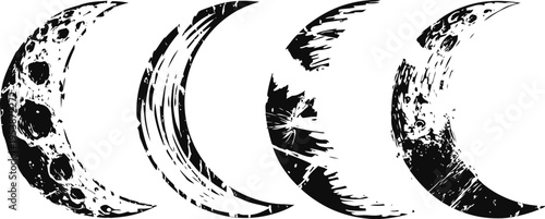 Black and white lunar phases illustration crescent, half, waxing and waning moon cycle sketch astronomy and night sky design