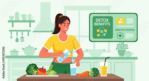 Woman preparing healthy detox drink in a modern kitchen.