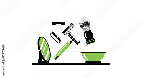 Shaving tools including a mirror, razor, blades, brush, and bowl are arranged on a dark surface with geometric lines.