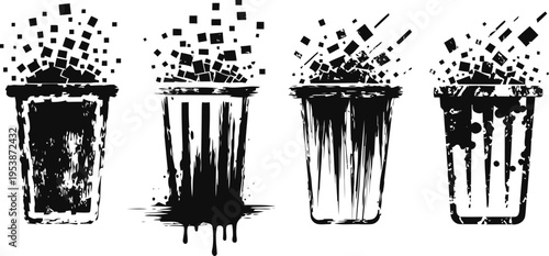 four grunge trash cans with pixelated dissolving effect isolated on white background