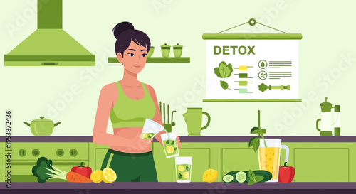 Woman preparing healthy detox drink in kitchen 3.