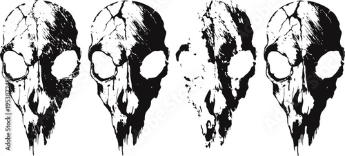 Creepy cracked skull set with dark hollow eyes in grunge illustration and distressed texture
