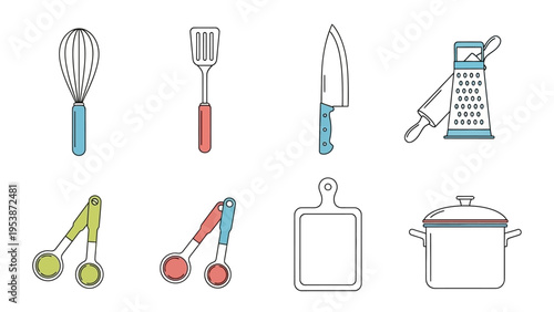 Kitchen Utensil Collection: Whisk, Spatula, Knife, Grater, Tongs, Cutting Board, Pot