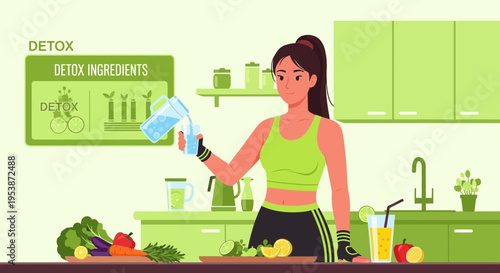Woman preparing healthy detox drink in kitchen.