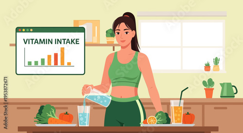 Woman preparing healthy food and checking vitamin intake.