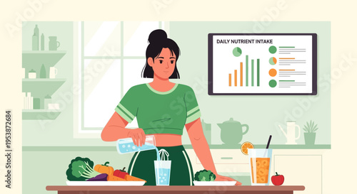 Woman preparing healthy drink with fresh ingredients.