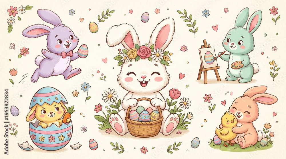 Obraz premium Kawaii Easter Bunny Character Set
