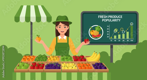 Woman selling fresh produce at a market stall.