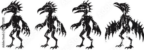 silhouettes of mythical dragon like creatures in various dynamic poses