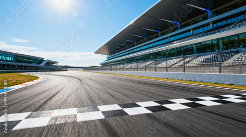 Checkered Flag at Race Track with Grandstands