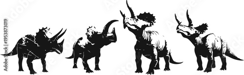silhouettes of four triceratops dinosaurs walking in a row prehistoric reptile herd