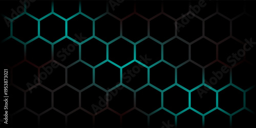 Dark hexagon abstract technology background with blue and green colored bright flashes under hexagon. Hexagonal gaming vector tech illustration black abstract background.