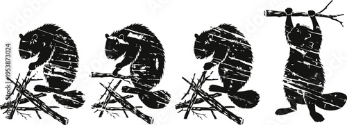 black silhouette beavers gnawing logs and standing with stick forest wildlife rodent animal set