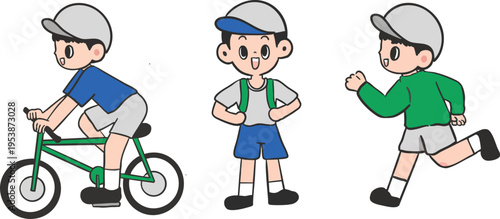 boy riding a bicycle and running and standing.eps
