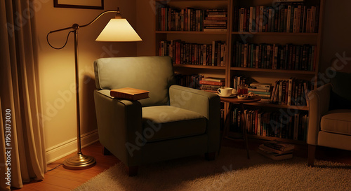 A cozy reading nook with armchair, lamp, and bookshelves creating an inviting atmosphere indoors