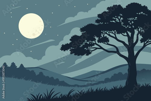 A serene nighttime landscape featuring a bright full moon