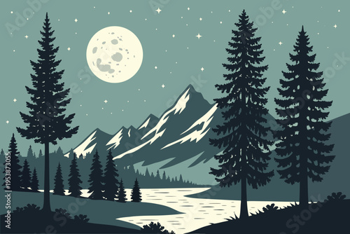 Stylized landscape depicts a moonlit forest and mountain range