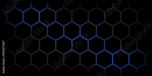 Dark hexagon abstract technology background with blue and green colored bright flashes under hexagon. Hexagonal gaming vector tech illustration black abstract background.