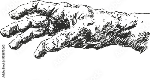 detailed vintage engraving of an outstretched human hand with visible wrinkles and shading