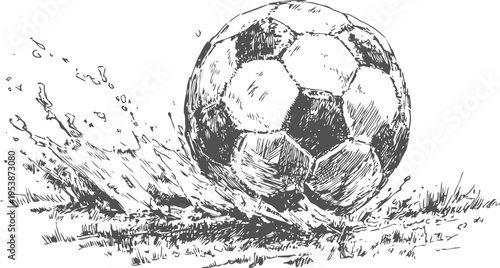 Vintage black and white sketch of a soccer ball kicking up grass and dirt on the field