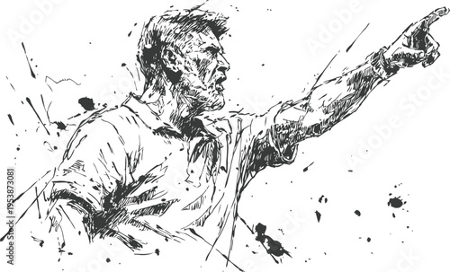Man shouting and pointing aggressively, expressive gesture with open mouth, black ink sketch drawing