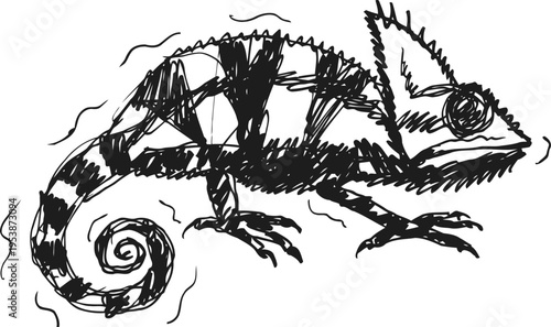 Abstract chameleon drawing with geometric patterns stylized reptile illustration with accented lines and curves