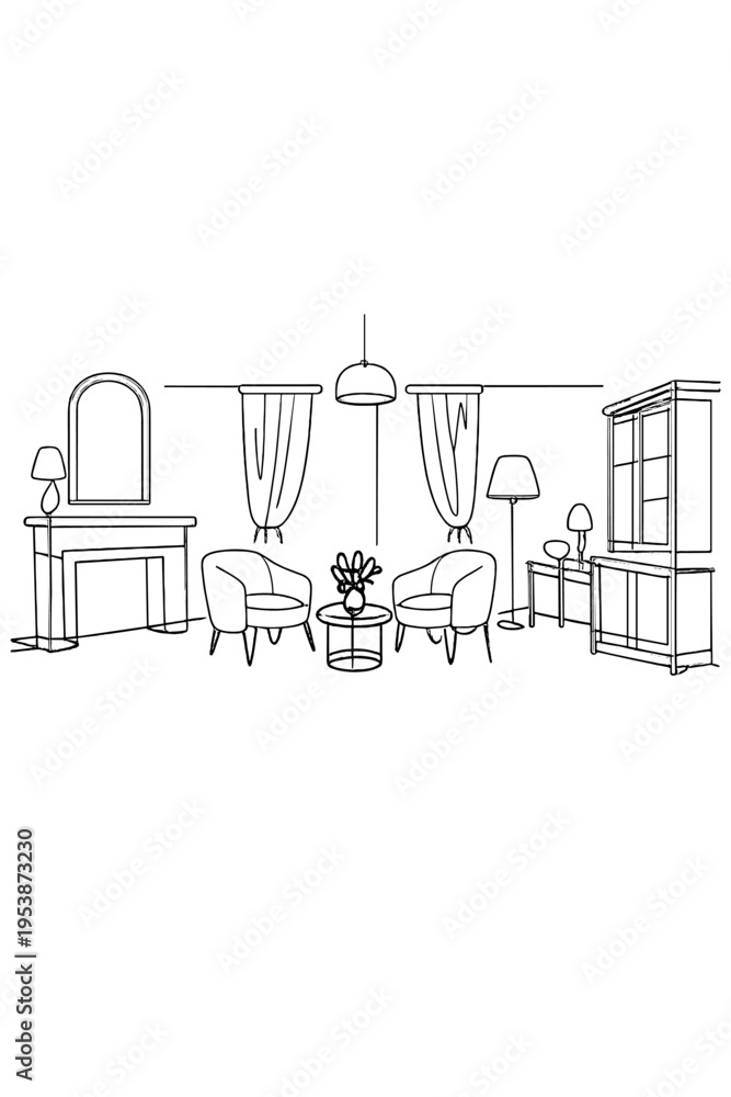 Fototapeta premium Minimalist Room Design. Timeless interiors. Minimalistic one-line drawing a balanced room layout with classic