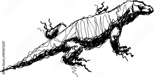 abstract black ink lizard drawing rough reptile sketch with dynamic lines and energy movement on white background