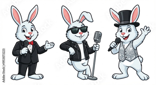 Playful cartoon bunnies illustrate entertainment diversity, featuring a tuxedoed host, a cool rockstar, and a top-hatted performer