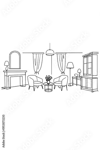 Minimalist Room Design. Timeless interiors. Minimalistic one-line drawing a balanced room layout with classic