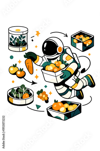 Futuristic Space Farming. Astronaut Harvest. Floating astronaut collecting glowing vegetables and fruits,