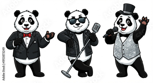 Three cartoon pandas in formal wear, one with sunglasses and leather jacket, entertaining with microphones