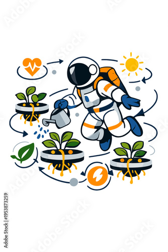 Floating Plant Oasis. Space Greenhouse. Astronaut watering floating plants with glowing nutrient lines,