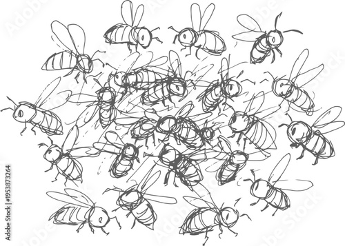 Swarm of simple line art bees flying in various directions, black and white insect illustration