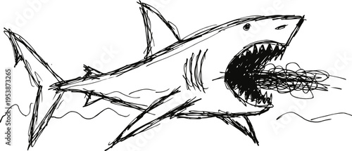 Hand drawn black ink sketch of a fierce shark with open mouth showing sharp teeth underwater