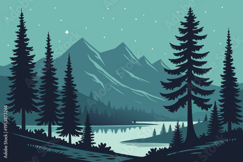 Serene landscape depicts dark mountains pine trees and a calm lake