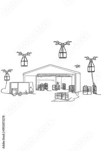 Drone Hub Blueprint. Cargo drone hub. Minimalistic one-line drawing a warehouse with drones transporting goods