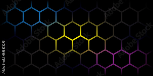 Dark hexagon abstract technology background with blue and green colored bright flashes under hexagon. Hexagonal gaming vector tech illustration black abstract background.