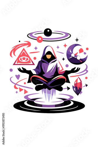 Futuristic Ritual Performance. Digital Ritual Chamber. Person performing floating rituals with glowing