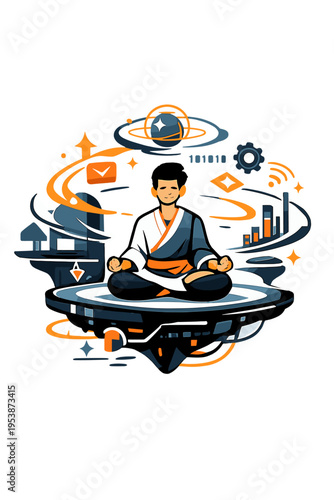 Futuristic Meditative Monastery. Cyber Monasteries. Person meditating inside a floating futuristic monastery,