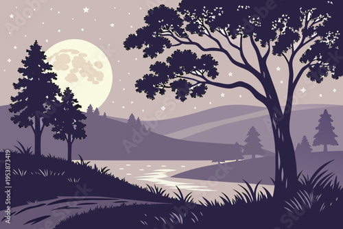 Silhouetted trees and a full moon over a tranquil landscape