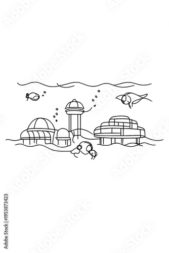 Underwater Colony Postcard. Ocean colony postcard. Minimalistic one-line drawing submerged habitats and