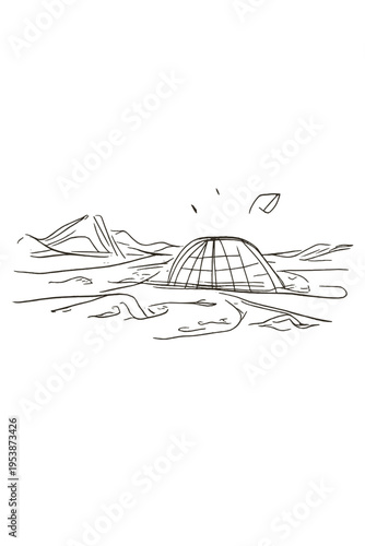 Martian Dome Colony. Martian landscape. Minimalistic one-line drawing a dome colony and alien terrain on a