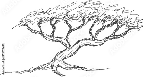 Minimalist black ink drawing of a windswept tree with twisting branches and sparse foliage