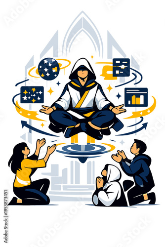 Techno-Spiritual Levitation. AI Prophets. Person levitating with glowing abstract algorithmic symbols orbiting