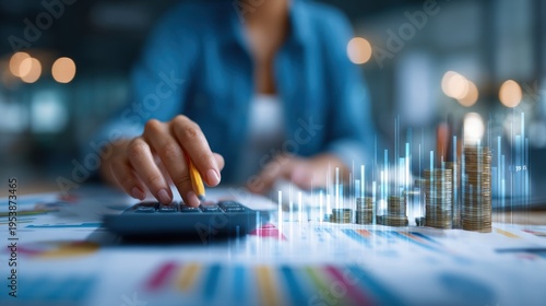 Woman calculating finances with digital coins