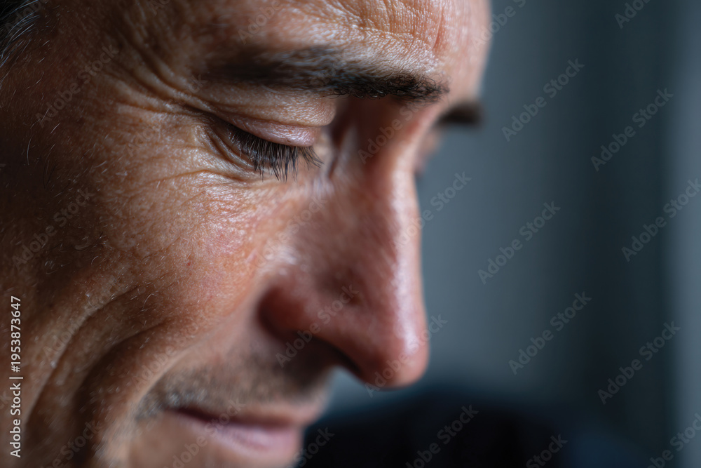 Obraz premium A man with a subtle pained expression appears reflective, highlighting the emotional complexity often associated with human experiences in a thoughtfully composed close-up shot.